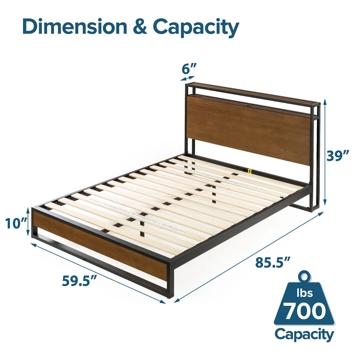 Queen Bamboo and Metal Platform Bed Frame with Shelf and USB Ports Y446